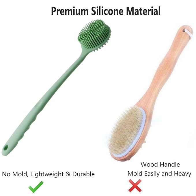Silicone Body Scrubber - Long Handle Exfoliating Shower Brush for Men, Women & Kids - Free Hook