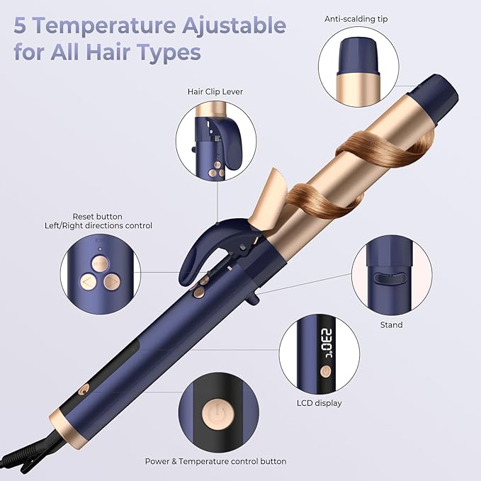 Rotating Curling Iron, 5 Temperature 1 1/4 in Automatic Curling Iron, Double Voltage 360° Rotating Auto Curling Wands, 1H Auto-Off & 30s Fast Heat Self Curler Travel Hair Styling Tools