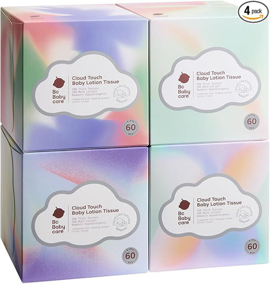 Bc Babycare Lotion Ultra Soft Facial Tissues, Hypoallergenic, Plant-based Materials, Clean Gentle Baby Essentials, 60 Tissues Per Box, 5-Ply (60 Count (Pack of 4))