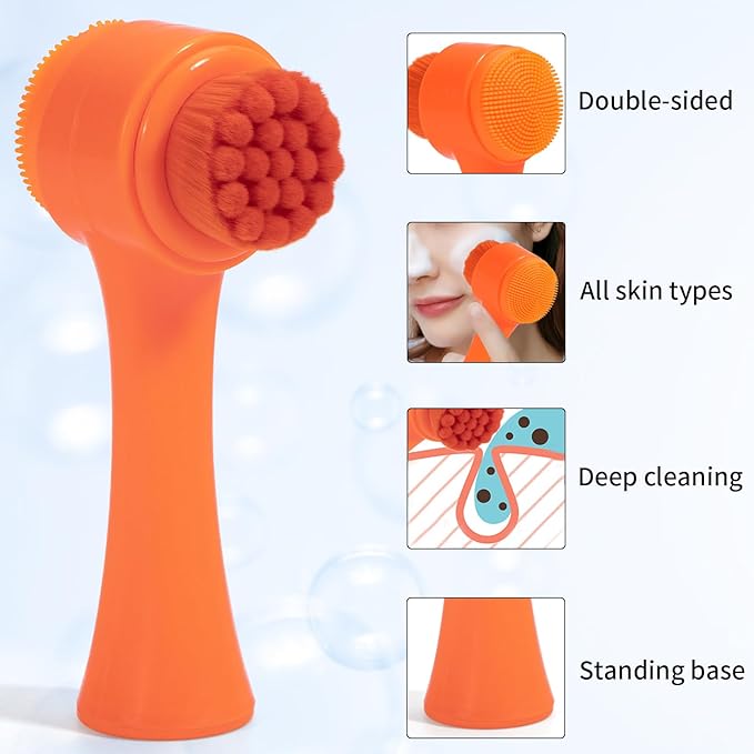 Face Brush 2 in 1, Silicone Facial Cleansing Exfoliating Brush Soft Bristles Pore Deep Cleansing Manual Dual Face Wash Scrub Brush for Massaging, Makeup Skincare Removal, Fluorescent Orange