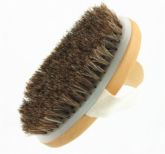 Wooden Soft Horsehair Mane Natural Bristles Bath & Shower Brush, 5x2.8 Inch Oval Shape Dry Body Brush Scrubber for Exfoliating, Detox and Cellulite, etc. (Brown Horsehair)