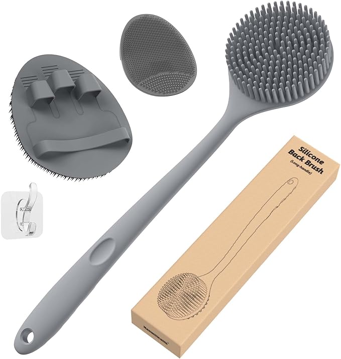 Manmihealth Silicone Back Scrubber (Thick Bristles) & Bath Glove & Face Brush Set(3PCS), Super-Exfoliating & Lathering Body Scrubber, Shower Brush, Face Scrubber Combination, with a Free Hook.(Gray)