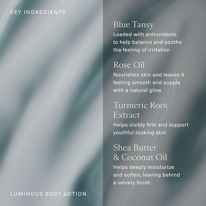 Oak Essentials Luminous Body Lotion | Hydrating Blue Tansy Body Cream with Rose Oil, Turmeric, Shea Butter and Coconut Oil, 1.33 Fl Oz (Travel Size)