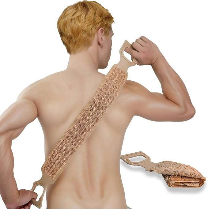 1 Pack ﻿Exfoliating Back Scrubber for Shower,Double-Sided Back Scrub Washcloth Strap,Cover The Entire Back for Men Women,Silicone Back Massage Bath Brush,Exfoliate and Massage (Brown)