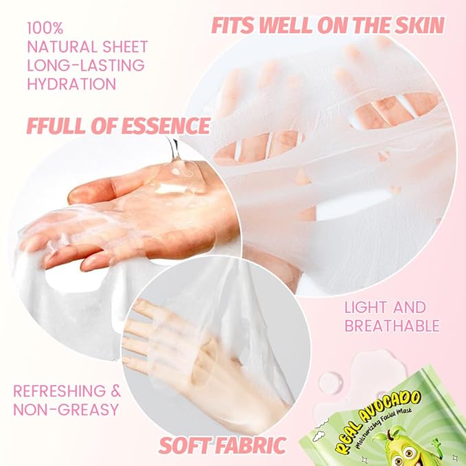 8 PCS Real Hydrating Nature Face Masks Skincare, Hyaluronic Acid, Vitamin C and E, Chamomile, Korean Beauty Essence Facial Paper Sheet Mask for Skin Care Moisturizing (Avocado)