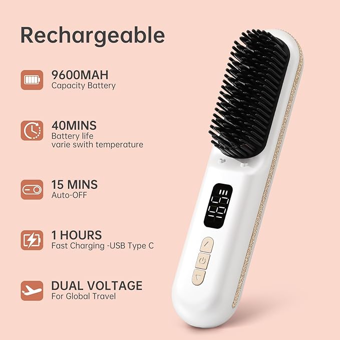 Cordless Hair Straightener Brush, Go Brush Pro, Portable Crystal Diamond Bling Mini Straightening Brush for Travel, Negative Ion Hot Comb with 9 Temps, Anti-Scald Ceramic, Fast Charging for Women
