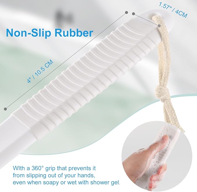 VANZAVANZU Back Scrubber for Shower, Bath Brush with 17-Inch Long Anti-Slip Handle, Wet and Dry Brushing Body Brush for Body Cleansing, Back Brush for Men and Women (White)