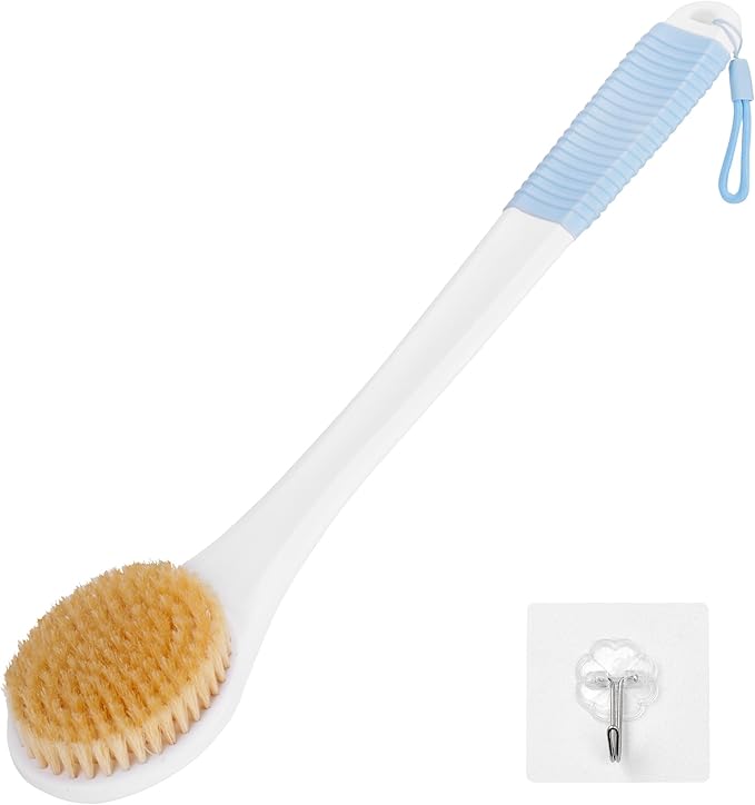 Back Scrubber for Shower, Shower Body Brush for Cleaning with Long Handle for Showering, 17 Inch Back Washer Exfoliator for Shower Men Women with Non-Slip Handle, Adhesive Hook (Lake Blue)