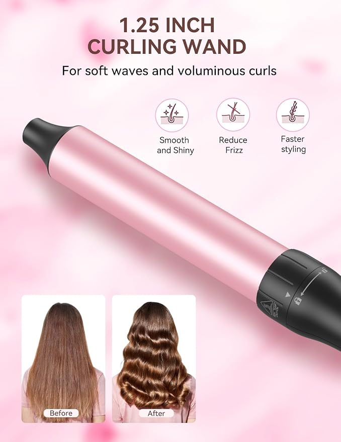 LANDOT Hair Curling Wand Iron 1-1/4Inch: Clip Free Hair Curler - Professional Detachable Curling Wand for Relaxed Curls & Beach Waves - Includes Heat Resistant Silicone Mat & Glove