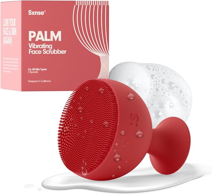 Palm Face Clean Pro⁺ - Electric Silicone Face Scrubber for Acne with 7000+ Sonic Pulses - IPX7 Waterproof Rechargeable Exfoliator with Slip-Free Grip, 3 Speed Settings & Phthalate-Free - Cherry