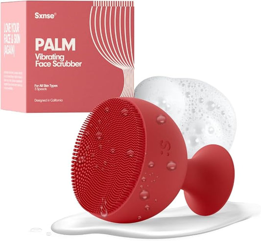 Palm Face Clean Pro⁺ - Electric Silicone Face Scrubber for Acne with 7000+ Sonic Pulses - IPX7 Waterproof Rechargeable Exfoliator with Slip-Free Grip, 3 Speed Settings & Phthalate-Free - Cherry