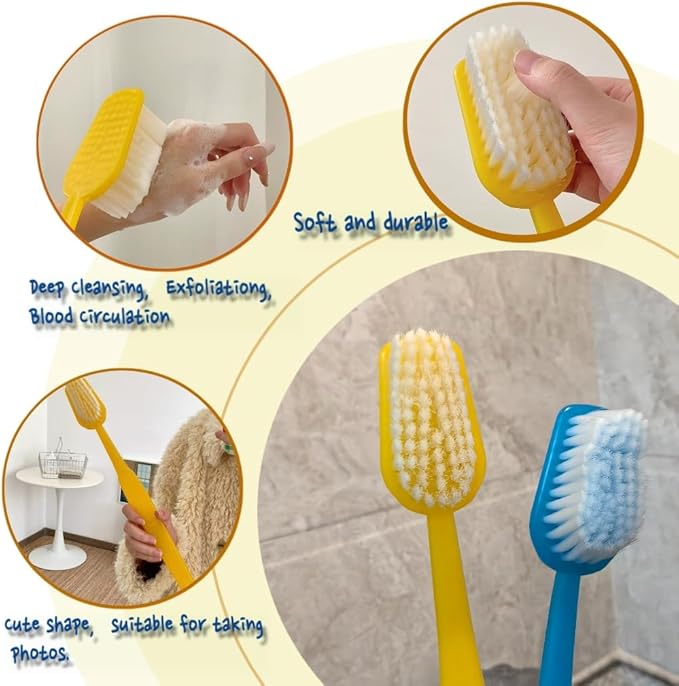 2pcs Bath Brush with Bristles Cute Innovative Toothbrush Like Design, Long Handle Shower Brush for Exfoliating Back, Body, and Feet, Bath and Shower Scrubber