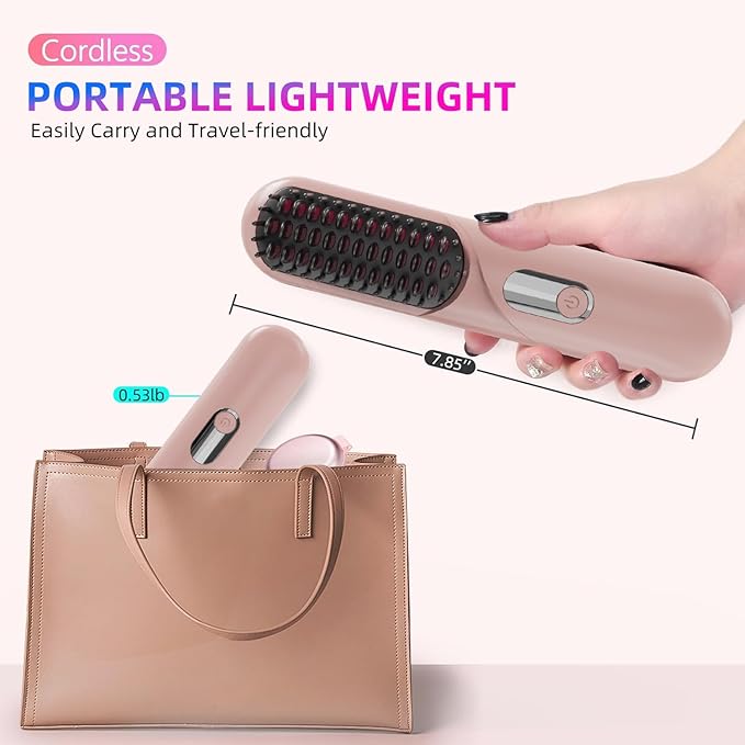 Cordless Hair Straightener Brush - Rizzrosa Portable Hot Comb for Travel, Mini Hair Straightener for Women, 4 Temperature Settings, Ideal for Camping, Office, Parties(Pink)
