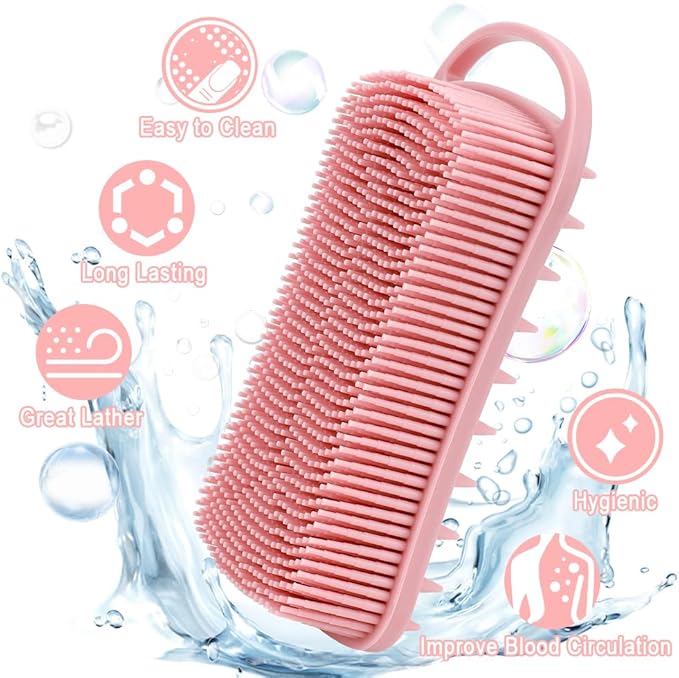 Silicone Body Scrubber, 2 in 1 Soft Silicone Loofah 2 Pack Exfoliating Body Scrubber Loofah for Women Men, Body Scrubber Shower Bath Shampoo Brush with Loop for Sensitive Skin Lather Well, Pink & Blue