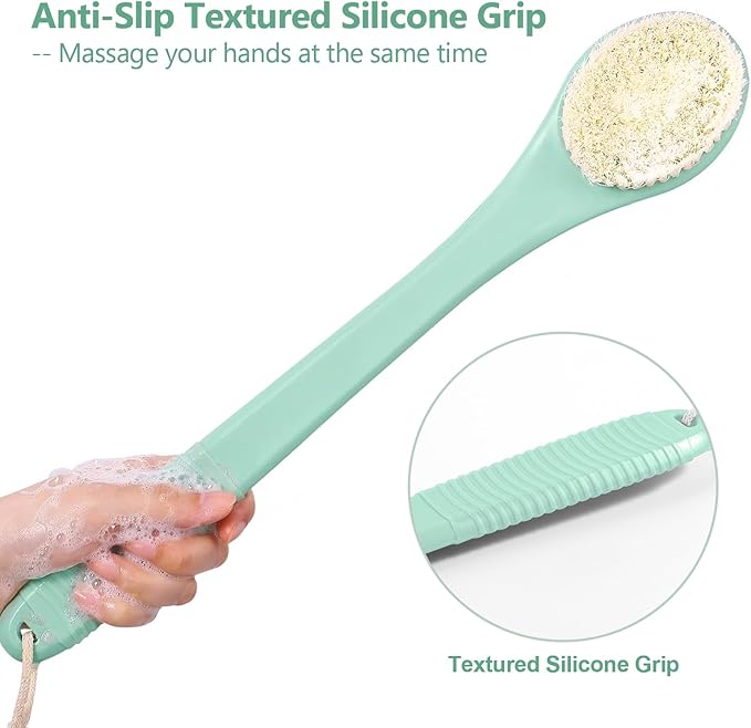 17-Inch Back Scrubber for Shower, Anti-Slip Exfoliating Body Brush for Bath, Gentle Back Brush for Shower for Men, and Women, Cleaning Skin for Smooth, Glowing Skin (Celadon Green)