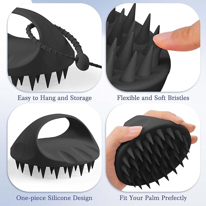 Manmihealth Silicone Back Scrubber & Soft Bath Glove, Silicone Scalp Massager Set 5 PCS, Super-Exfoliating Body Scrubber Shower Brush & Shampoo Brush Combination, with 2 Free Hooks (Style 2 Black)