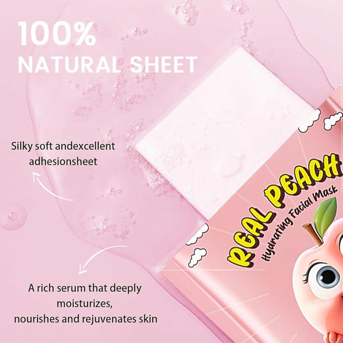 8 PCS Real Hydrating Nature Face Masks Skincare, Hyaluronic Acid, Vitamin C and E, Chamomile, Korean Beauty Essence Facial Paper Sheet Mask for Skin Care Moisturizing (Peach)