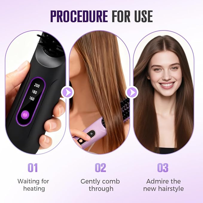 Go Brush Pro, 2026 New Hair Straightener Brush, Portable Straightener Brushes for Travel with LCD Temperature Display, Fast Heating Mini Hair Brush for Women (Purple)