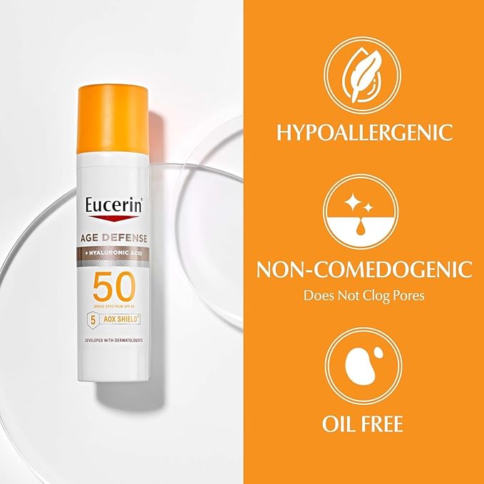 Eucerin Sun Age Defense SPF 50 Face Sunscreen Lotion with Hyaluronic Acid, Hypoallergenic, Non-Comedogenic Sunscreen SPF 50, Holiday Gifts for Self Care, 2.5 Fl Oz Bottle