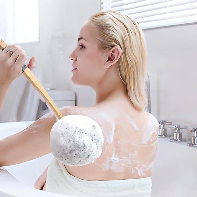 AmazerBath Shower Sponge Loofah Back Scrubber, PE Soft Mesh Loofah Body Scrubber with Long Wooden Handle, Bath Sponge for Men Women (Gray)