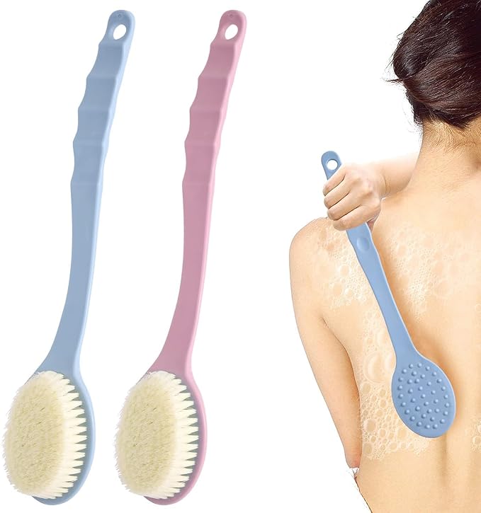 Back Scrubber for Shower with Handle, 2 PCS Bath Brush Stiff Bristles, Anti Slip, Body Exfoliator for Bath, Backbrush for Shower Men & Women