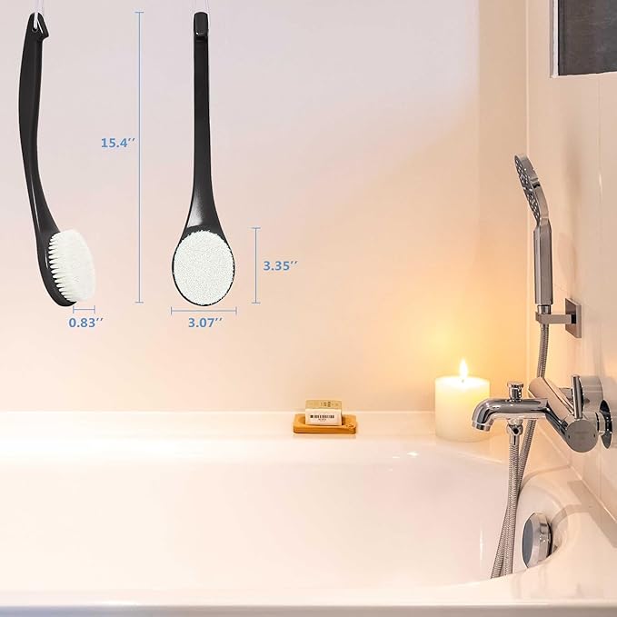 Exfoliating Shower Brush Bath Body Brush, Never Mold 15" Back Brush Long Handle for Shower, Dry Brushing Body Brush or Wet Brush with Moderate Bristle, Black