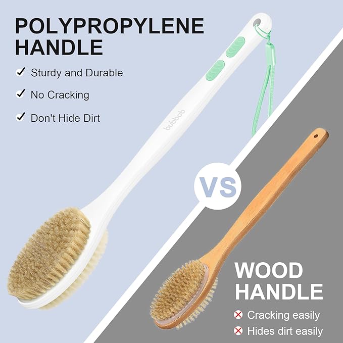 Back Scrubber for Shower with Long Handle, Exfoliating Bath Brush for Body - Double Sided Bristles (Stiff & Soft), Anti-Slip Grip, Lightweight - Gift for Seniors, Includes Lanyard & Hook,Green
