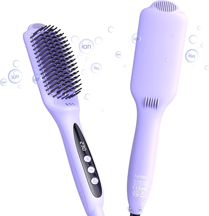 LANDOT Hair Straightener Brush for Damaged Hair - Keratin & Argan Oil Coated Bristles, Ionic Ceramic Straightening Brush to Reduce Frizz & Nourish Hair, Dual Voltage, 12 Temp 250-450F, Purple