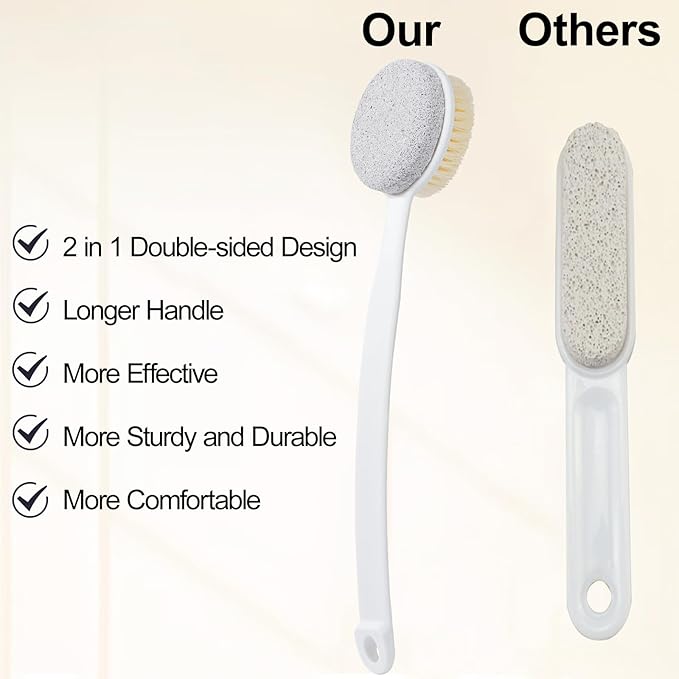 Pumice Stone for Feet and Shower Brush with Long Handle, 3 Pcs Hard Skin Callus Remover, 2 in 1 Foot Scrubber Brush, Back Scrubber Body Brush for Shower Deep Cleansing and Exfoliating (Curved)