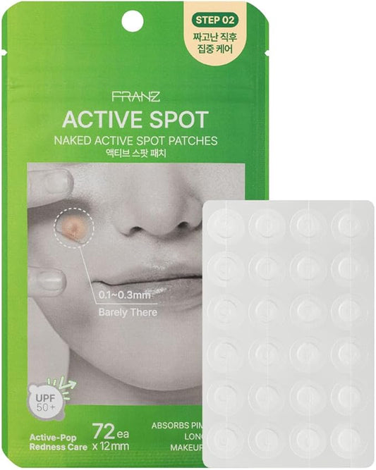 FRANZ Naked Active Spot Patches (72 Count) | Hydrocolloid Pimple Treatment Patch | UPF 50+ Powerful Sun Shield Cover | Gentle on Sensitive Skin
