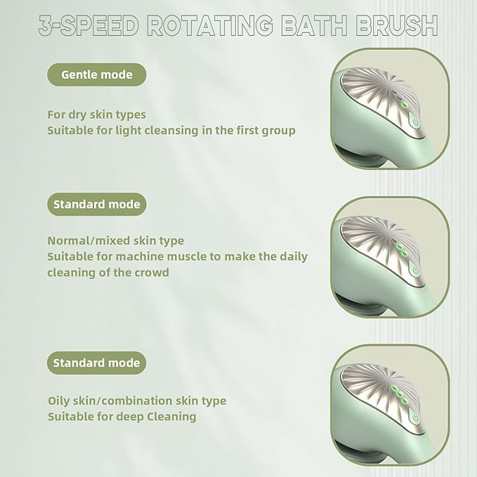 Electric Body Brush, 6in1 Back Scrubber for Shower with 3 Speed, IPX7 Waterproof Silicone Bath Scrubber, Rechargeable Electric Spin Scrubber, Cordless Bath Brush for Clean Exfoliate Massage (Green)