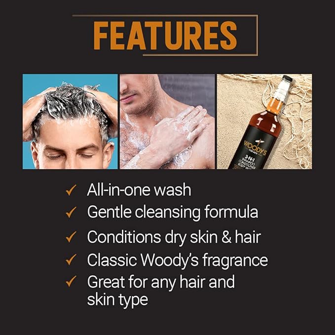 Woody's Mens Body Wash 3 in 1 – Shampoo, Conditioner, & Body Wash, All-in-One Cleanser, Refreshing & Hydrating with Natural Extracts - 32 fl oz