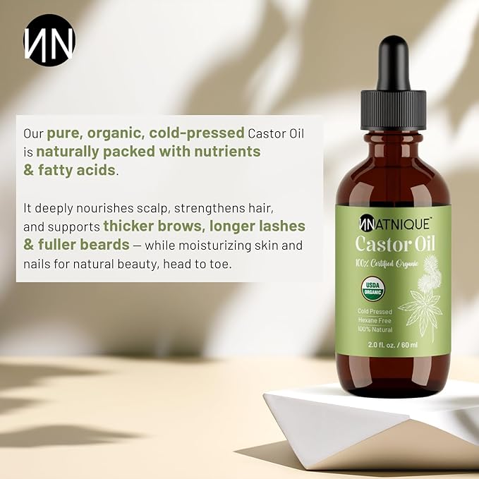 Natnique Castor Oil – USDA Certified Organic, 100% Pure Cold Pressed Unrefined Oil for Hair Growth, Eyelashes, Eyebrows & Scalp – Natural Skin Moisturizer, Lash Serum & Hair Treatment (2 Oz)