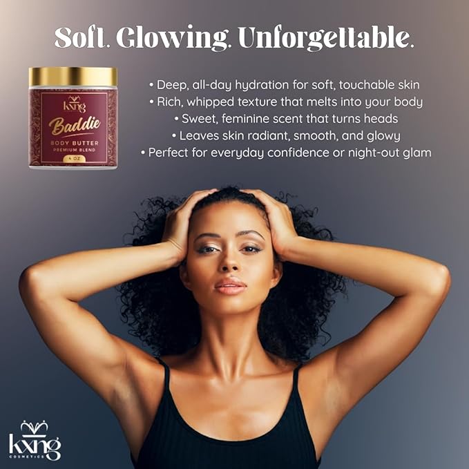 KXNG Cosmetics Organic Shea Body Butter Cream – 4oz | Luxury Moisturizing Cream for Men & Women with Shea, Cocoa & Coconut Oil | Deep Hydration for Dry Skin, Hands & Feet - Baddie