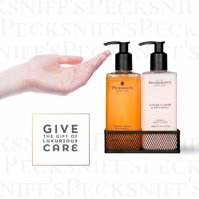 Pecksniffs Luxury Bath Gift Set, Ginger Flower and Patchouli Moisturizing Hand Soap and Body Lotion Set with Caddy, 10.1 Fl Oz