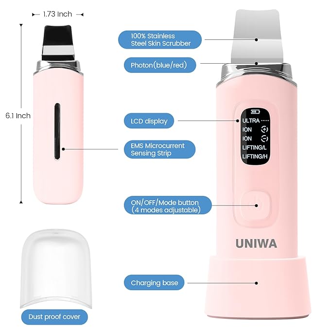 UNIWA Skin Scrubber Face Spatula, Skin Scrubber Pore Cleaner Blackhead Remover Tool for Deep Facial Cleansing - 4 Modes, Face Spatula with USB Charger, LCD Display, IPX7 Waterproof -Pink