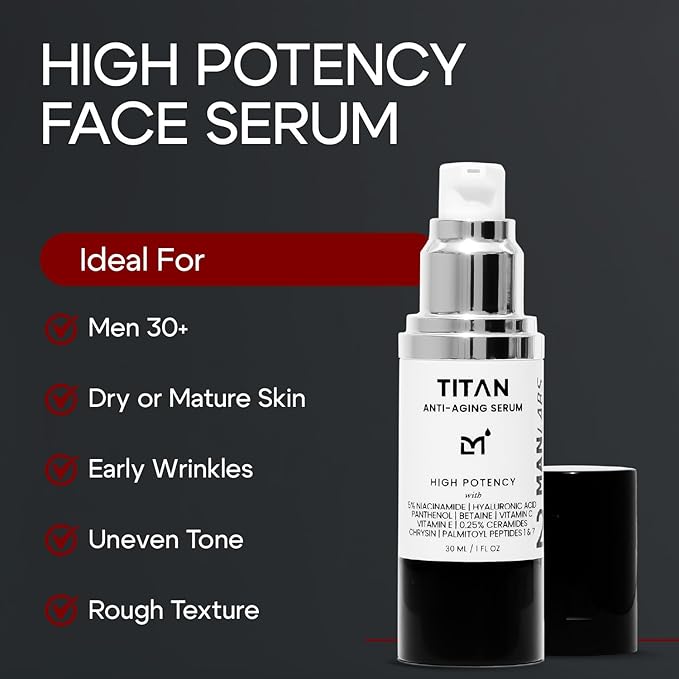 Titan Anti-Aging Face Serum for Men – Reduces Appearance of Fine Lines, Dark Spots & Wrinkles – Hydrates Dry and Rough Skin – 5% Niacinamide, Vitamin C, Hyaluronic Acid – Unscented, 1 Fl Oz