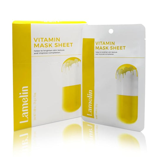Lamelin Vitamin Niacinamide Sheet Mask, 10 Pack, Lemon Kiwi Extract Tocopherol Anti Aging Tightening Hydrating Made In Korea