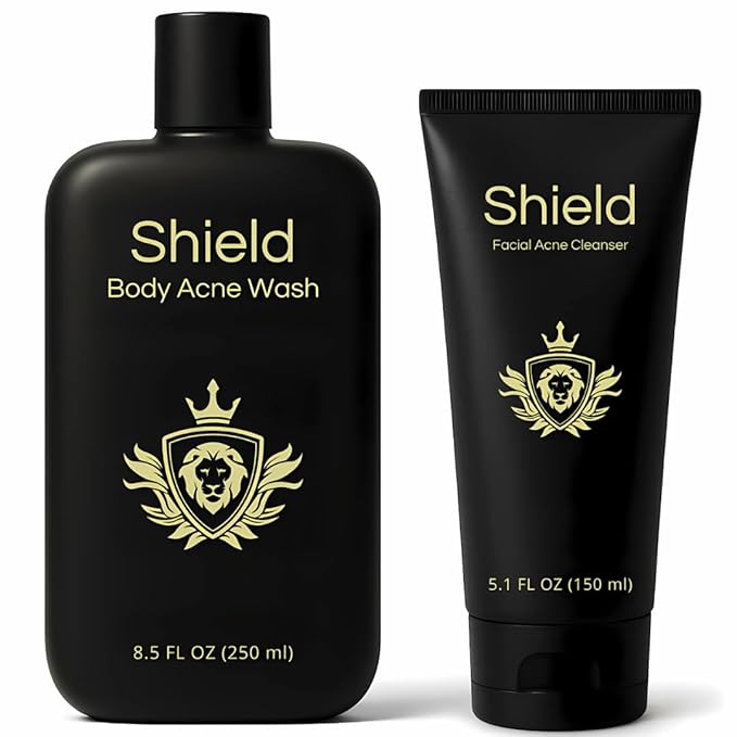 Shield Acne Wash Bundle for Men and Boys – Deep Clean Gel Formula Face Wash and Unscented Back & Chest Cleanser, Clears Acne & Breakouts, 13.6 oz