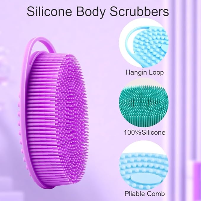Soft Silicone Body Scrubber 3 PCS Silicone Body Shower, Silicone Loofah 2 in 4 Bath and Shampoo Brush, Body Scrubber Shower Cleaning Exfoliating Use for Sensitive Skin, Lather Well, Blue,Green,Purple