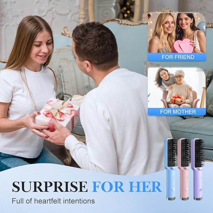 Cordless Hair Straightener Brush, Portable Mini Hair Straightening Comb with 3 Temperature Options, Fast Heating Travel Hair Straightener for Women (Pink)