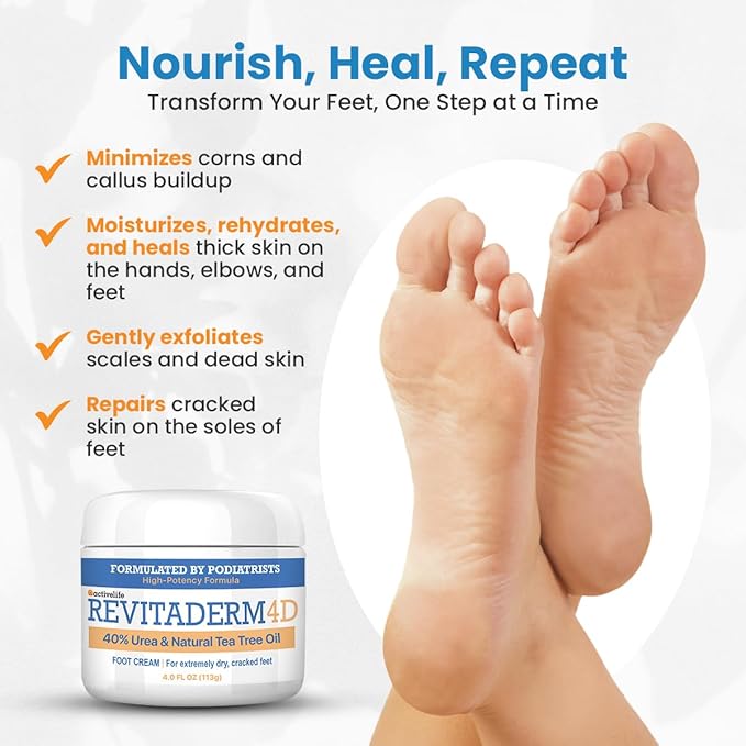 Revitaderm 4D Urea Cream 40% for Feet, Intensive Moisturizing Foot Cream for Dry, Rough, Callused Skin, Includes Free Pumice Stone and Exfoliating Brush, Fast-Absorbing, Fragrance-Free, 4oz, 2 Pack