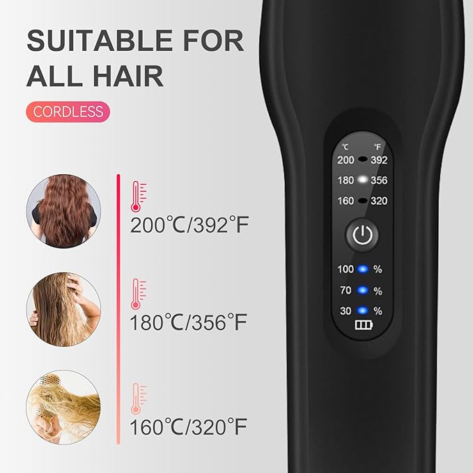 FERNIDA Cordless Hair Straightener Brush, Rechargeable Portable Straightening Brush for Women Travel, Home, Car, Office