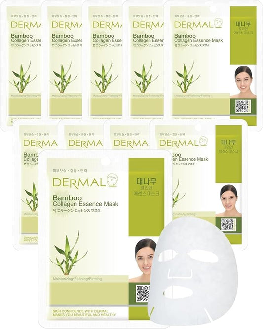 DERMAL Bamboo Collagen Essence Facial Mask Sheet 23g Pack of 10 - Hydrating & Calming, For Dewy and Glowing Skin, Daily Skin Treatment Solution Sheet Mask