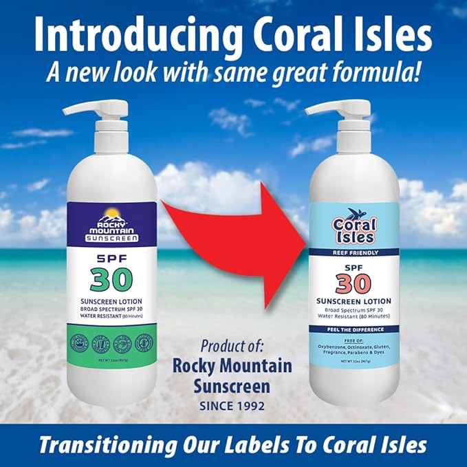 Coral Isles by Rocky Mountain Sunscreen | SPF 30 Lotion | Broad Spectrum UVA/UVB Protection | Hawaii Reef-Safe Act Compliant | Oxybenzone & Octinoxate Free | Water Resistant 80 Min. | 32 Fl Oz