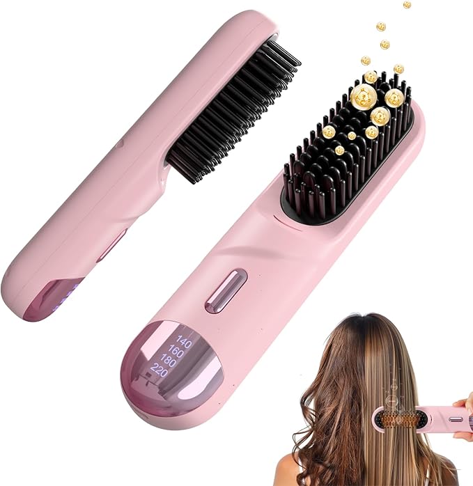 Go Brush Pro 2025 Hair Straightener Brush 300 Million Negative Ionic Portable Cordless Hair Straightener for Women with 4 Temps Fast Heating MCH Ceramic Coating Smooth Frizz - Free Hair Gift for Women