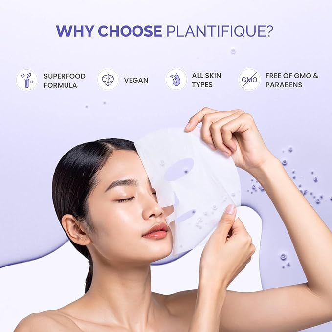 PLANTIFIQUE Facial Sheet Mask Collagen Boost 5 Pack – Anti-Aging & Firming Face Mask Sheets with Collagen, Coenzyme Q10 & Blueberries – Korean Skincare for a Smooth, Revitalized Look