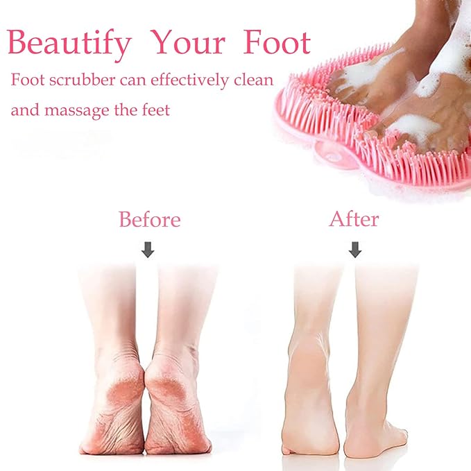 Shower Foot and Back Scrubber Mat,Wall Mounted Shower Foot Scrubber with Suction Cups,Exfoliating Silicone Massage Foot Cleaner for Shower(Grey&Pink)