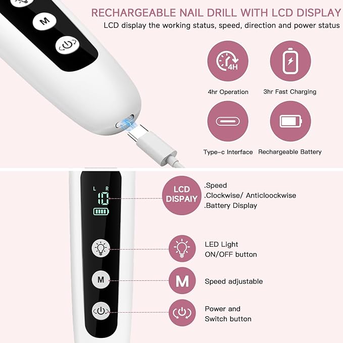 Electric Nail File Set, 9 in 1 Professional Manicure and Pedicure Kit, Cordless Nail Drill for Feet, LCD Display 10 Speeds Electric Nail Drill Machine, Hand Foot Care Tool