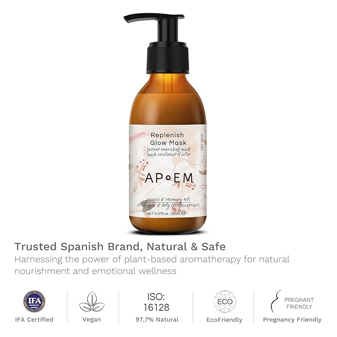 APoEM Replenish Glow Mask | face masks skincare for instant plumping, deep hydration & firming | smoothing fine lines, brightening & antioxidant protection | Spanish skincare, 150ml